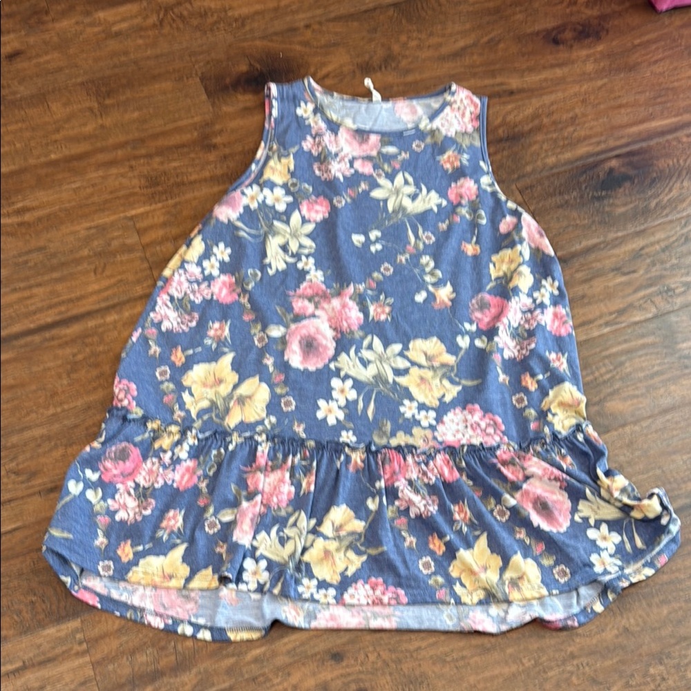 Long blue floral ruffled tank top-XL